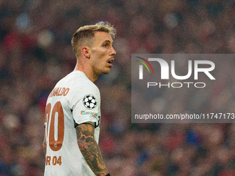 Alex Grimaldo of Bayer Leverkusen participates in the UEFA Champions League 2024/25 League Phase MD4 match between Liverpool and Bayer Lever...