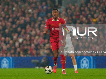 Ryan Gravenberch of Liverpool plays during the UEFA Champions League 2024/25 League Phase MD4 match between Liverpool and Bayer Leverkusen a...