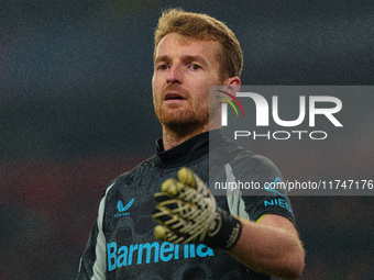 Lukas Hradecky of Bayer Leverkusen is in action during the UEFA Champions League 2024/25 League Phase MD4 match between Liverpool and Bayer...