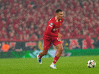 Trent Alexander-Arnold plays during the UEFA Champions League 2024/25 League Phase MD4 match between Liverpool and Bayer Leverkusen at Anfie...