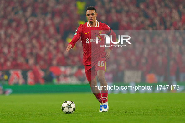 Liverpool's Trent Alexander-Arnold is in action after scoring during the UEFA Champions League 2024/5 League Phase MD4 match between Liverpo...