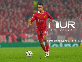 Liverpool's Trent Alexander-Arnold is in action after scoring during the UEFA Champions League 2024/5 League Phase MD4 match between Liverpo...