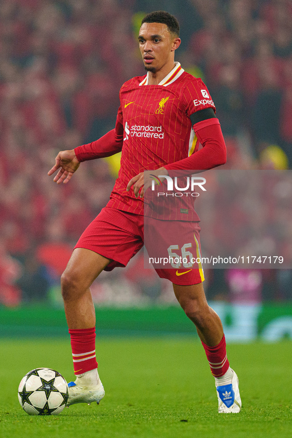 Trent Alexander-Arnold plays during the UEFA Champions League 2024/25 League Phase MD4 match between Liverpool and Bayer Leverkusen at Anfie...