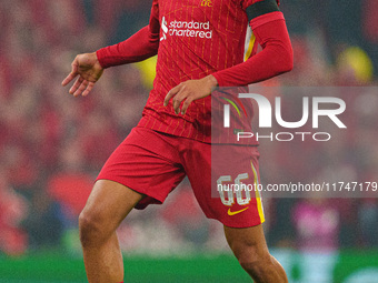 Trent Alexander-Arnold plays during the UEFA Champions League 2024/25 League Phase MD4 match between Liverpool and Bayer Leverkusen at Anfie...