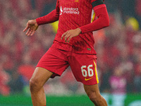 Trent Alexander-Arnold plays during the UEFA Champions League 2024/25 League Phase MD4 match between Liverpool and Bayer Leverkusen at Anfie...