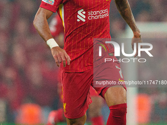 Luis Diaz plays for Liverpool during the UEFA Champions League 2024/25 League Phase MD4 match between Liverpool and Bayer Leverkusen at Anfi...