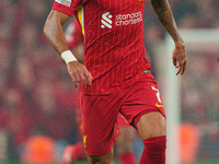 Luis Diaz plays for Liverpool during the UEFA Champions League 2024/25 League Phase MD4 match between Liverpool and Bayer Leverkusen at Anfi...