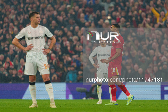 Liverpool's Cody Gakpo celebrates after scoring their second goal during the UEFA Champions League 2024/25 League Phase MD4 match between Li...