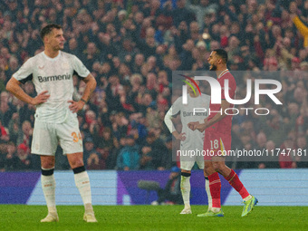 Liverpool's Cody Gakpo celebrates after scoring their second goal during the UEFA Champions League 2024/25 League Phase MD4 match between Li...