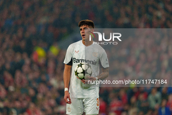 Piero Hincapie of Bayer Leverkusen is in action during the UEFA Champions League 2024/25 League Phase MD4 match between Liverpool and Bayer...