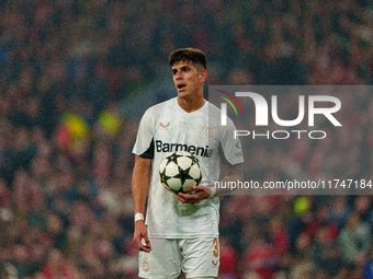 Piero Hincapie of Bayer Leverkusen is in action during the UEFA Champions League 2024/25 League Phase MD4 match between Liverpool and Bayer...