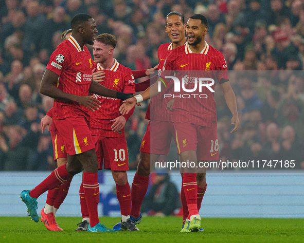 Liverpool's Cody Gakpo celebrates after scoring their second goal during the UEFA Champions League 2024/25 League Phase MD4 match between Li...