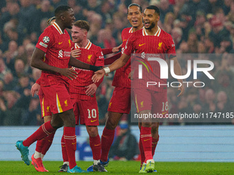 Liverpool's Cody Gakpo celebrates after scoring their second goal during the UEFA Champions League 2024/25 League Phase MD4 match between Li...