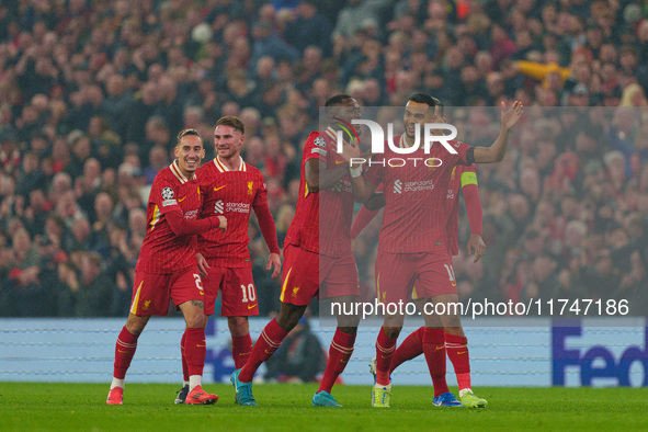 Liverpool's Cody Gakpo celebrates after scoring their second goal during the UEFA Champions League 2024/25 League Phase MD4 match between Li...