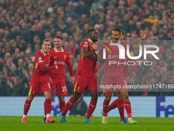 Liverpool's Cody Gakpo celebrates after scoring their second goal during the UEFA Champions League 2024/25 League Phase MD4 match between Li...