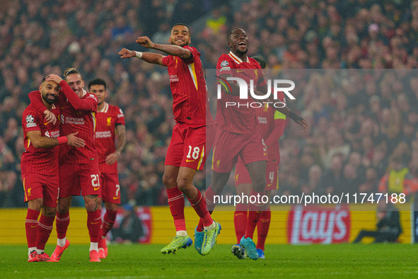 Liverpool's Cody Gakpo celebrates after scoring their second goal during the UEFA Champions League 2024/25 League Phase MD4 match between Li...