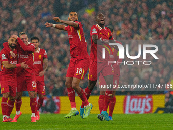 Liverpool's Cody Gakpo celebrates after scoring their second goal during the UEFA Champions League 2024/25 League Phase MD4 match between Li...