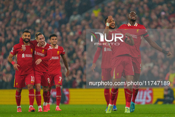 Liverpool's Cody Gakpo celebrates after scoring their second goal during the UEFA Champions League 2024/25 League Phase MD4 match between Li...