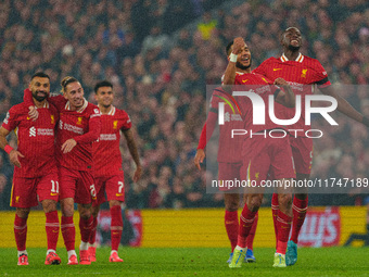 Liverpool's Cody Gakpo celebrates after scoring their second goal during the UEFA Champions League 2024/25 League Phase MD4 match between Li...