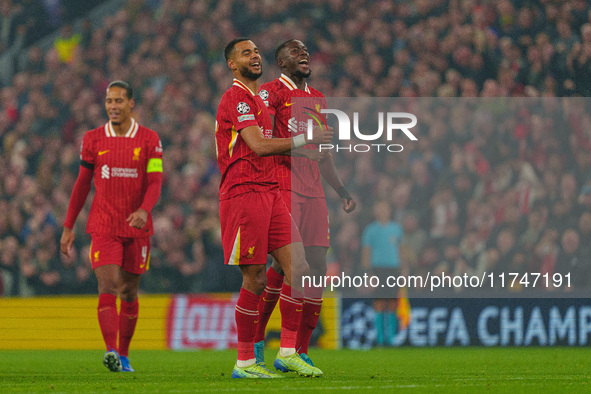 Liverpool's Cody Gakpo celebrates after scoring their second goal during the UEFA Champions League 2024/25 League Phase MD4 match between Li...