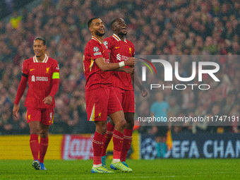 Liverpool's Cody Gakpo celebrates after scoring their second goal during the UEFA Champions League 2024/25 League Phase MD4 match between Li...