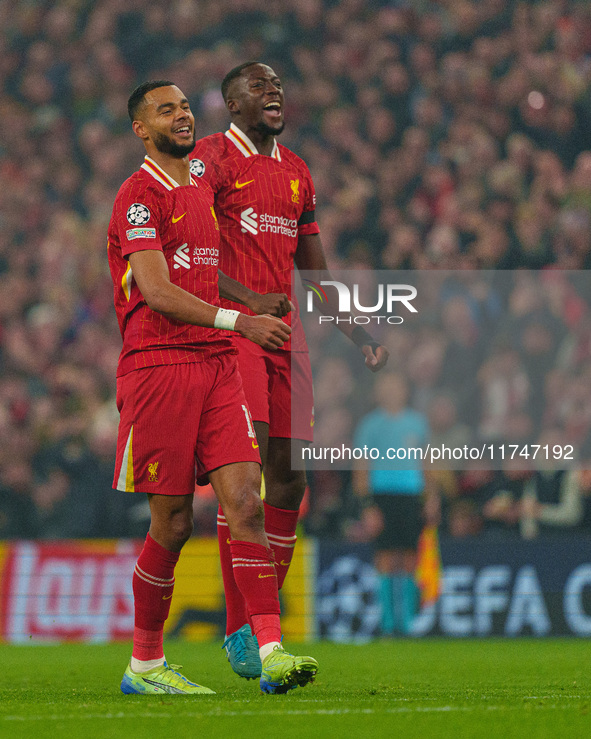 Liverpool's Cody Gakpo celebrates after scoring their second goal during the UEFA Champions League 2024/25 League Phase MD4 match between Li...