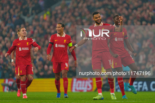 Liverpool's Cody Gakpo celebrates after scoring their second goal during the UEFA Champions League 2024/25 League Phase MD4 match between Li...