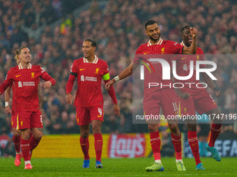 Liverpool's Cody Gakpo celebrates after scoring their second goal during the UEFA Champions League 2024/25 League Phase MD4 match between Li...