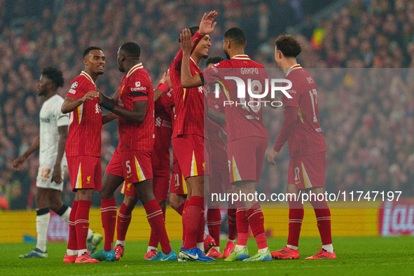 Liverpool's Cody Gakpo celebrates after scoring their second goal during the UEFA Champions League 2024/25 League Phase MD4 match between Li...