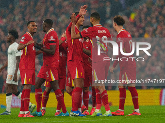 Liverpool's Cody Gakpo celebrates after scoring their second goal during the UEFA Champions League 2024/25 League Phase MD4 match between Li...