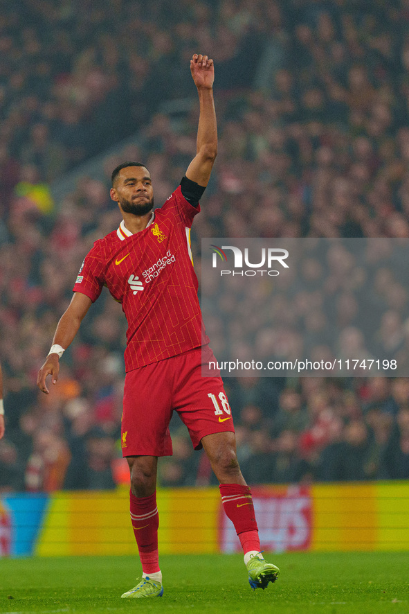 Liverpool's Cody Gakpo celebrates after scoring their second goal during the UEFA Champions League 2024/25 League Phase MD4 match between Li...