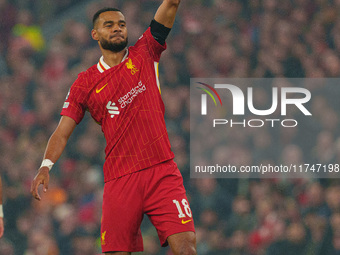 Liverpool's Cody Gakpo celebrates after scoring their second goal during the UEFA Champions League 2024/25 League Phase MD4 match between Li...