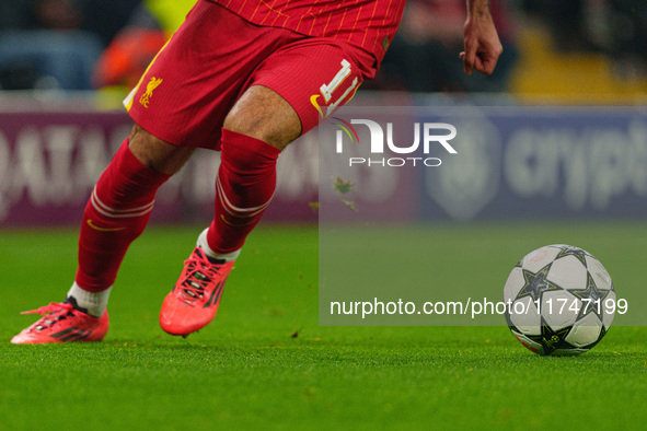 Mohamed Salah plays during the UEFA Champions League 2024/25 League Phase MD4 match between Liverpool and Bayer Leverkusen at Anfield in Liv...