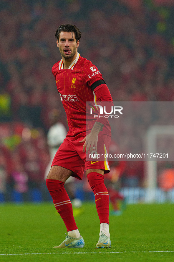 Dominik Szoboszlai plays during the UEFA Champions League 2024/25 League Phase MD4 match between Liverpool and Bayer Leverkusen at Anfield i...