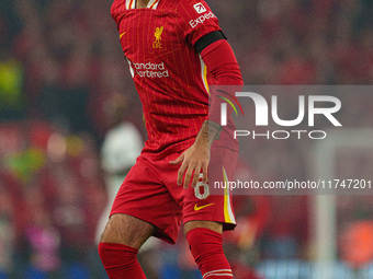 Dominik Szoboszlai plays during the UEFA Champions League 2024/25 League Phase MD4 match between Liverpool and Bayer Leverkusen at Anfield i...