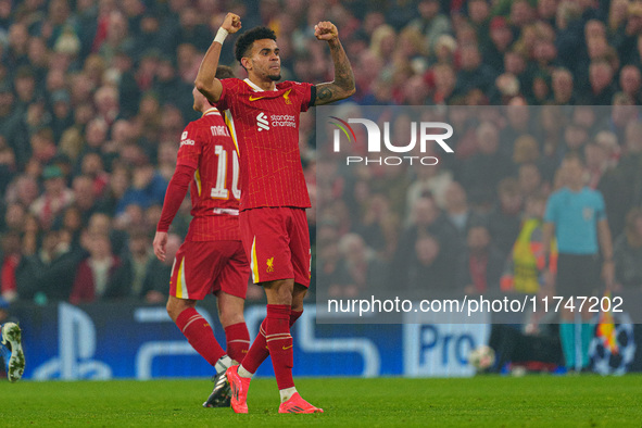 Luis Diaz celebrates after scoring during the UEFA Champions League 2024/25 League Phase MD4 match between Liverpool and Bayer Leverkusen at...