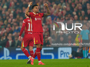 Luis Diaz celebrates after scoring during the UEFA Champions League 2024/25 League Phase MD4 match between Liverpool and Bayer Leverkusen at...