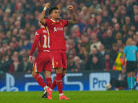 Luis Diaz celebrates after scoring during the UEFA Champions League 2024/25 League Phase MD4 match between Liverpool and Bayer Leverkusen at...