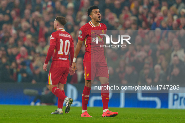 Luis Diaz celebrates after scoring during the UEFA Champions League 2024/25 League Phase MD4 match between Liverpool and Bayer Leverkusen at...