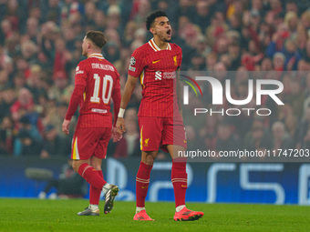 Luis Diaz celebrates after scoring during the UEFA Champions League 2024/25 League Phase MD4 match between Liverpool and Bayer Leverkusen at...