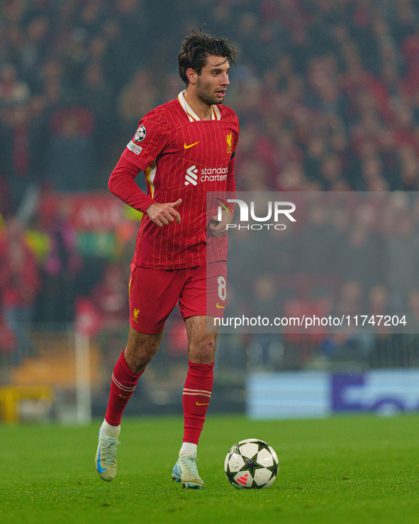 Dominik Szoboszlai plays during the UEFA Champions League 2024/25 League Phase MD4 match between Liverpool and Bayer Leverkusen at Anfield i...