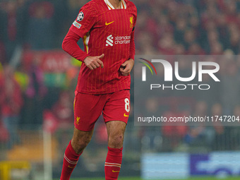 Dominik Szoboszlai plays during the UEFA Champions League 2024/25 League Phase MD4 match between Liverpool and Bayer Leverkusen at Anfield i...