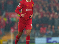 Dominik Szoboszlai plays during the UEFA Champions League 2024/25 League Phase MD4 match between Liverpool and Bayer Leverkusen at Anfield i...