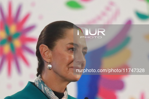 Claudia Sheinbaum Pardo, President of Mexico, speaks during a briefing conference about the victory of Donald Trump as the 47th President of...