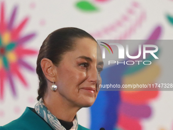 Claudia Sheinbaum Pardo, President of Mexico, speaks during a briefing conference about the victory of Donald Trump as the 47th President of...