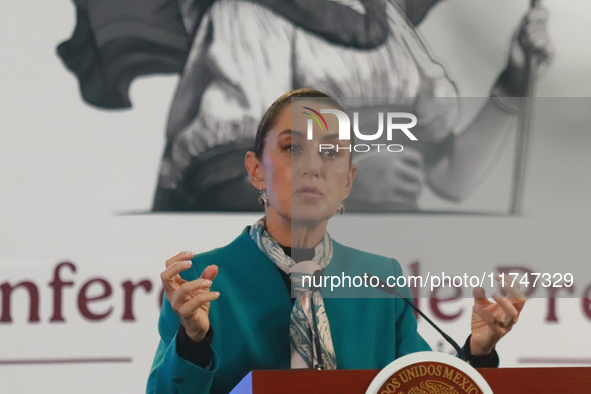 Claudia Sheinbaum Pardo, President of Mexico, speaks during a briefing conference about the victory of Donald Trump as the 47th President of...