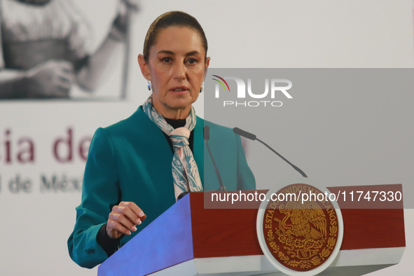 Claudia Sheinbaum Pardo, President of Mexico, speaks during a briefing conference about the victory of Donald Trump as the 47th President of...