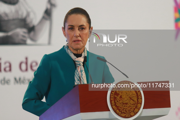 Claudia Sheinbaum Pardo, President of Mexico, speaks during a briefing conference about the victory of Donald Trump as the 47th President of...