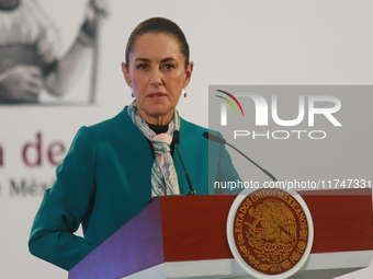 Claudia Sheinbaum Pardo, President of Mexico, speaks during a briefing conference about the victory of Donald Trump as the 47th President of...