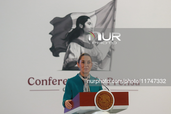 Claudia Sheinbaum Pardo, President of Mexico, speaks during a briefing conference about the victory of Donald Trump as the 47th President of...